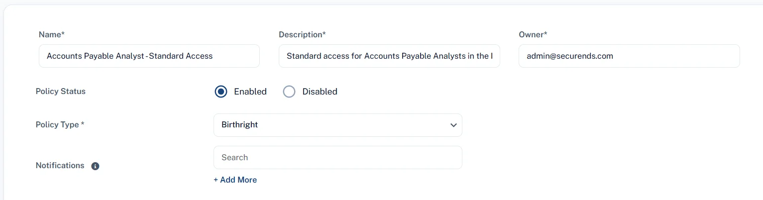 Birthright policy configuration for Accounts Payable Analyst