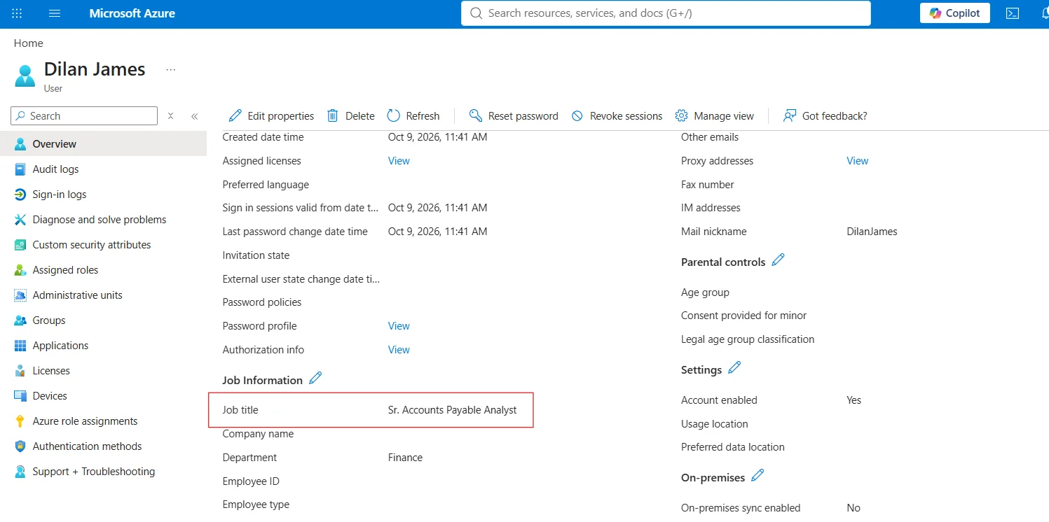 Azure AD job title updated to Sr. Accounts Payable Analyst