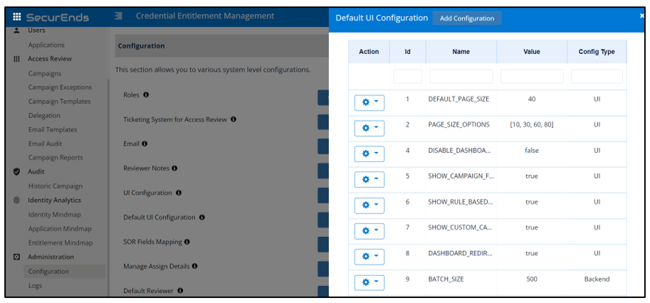 Default UI Configuration Table