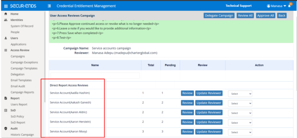 Service Accounts within a campaign