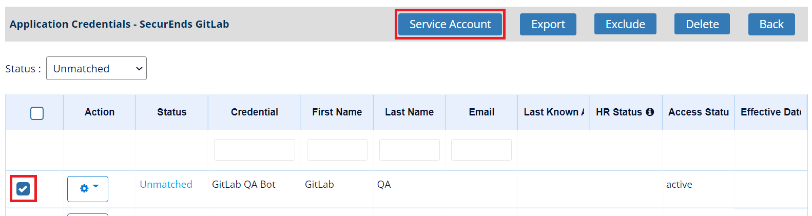 Service Account Selected in Unmatched Bucket