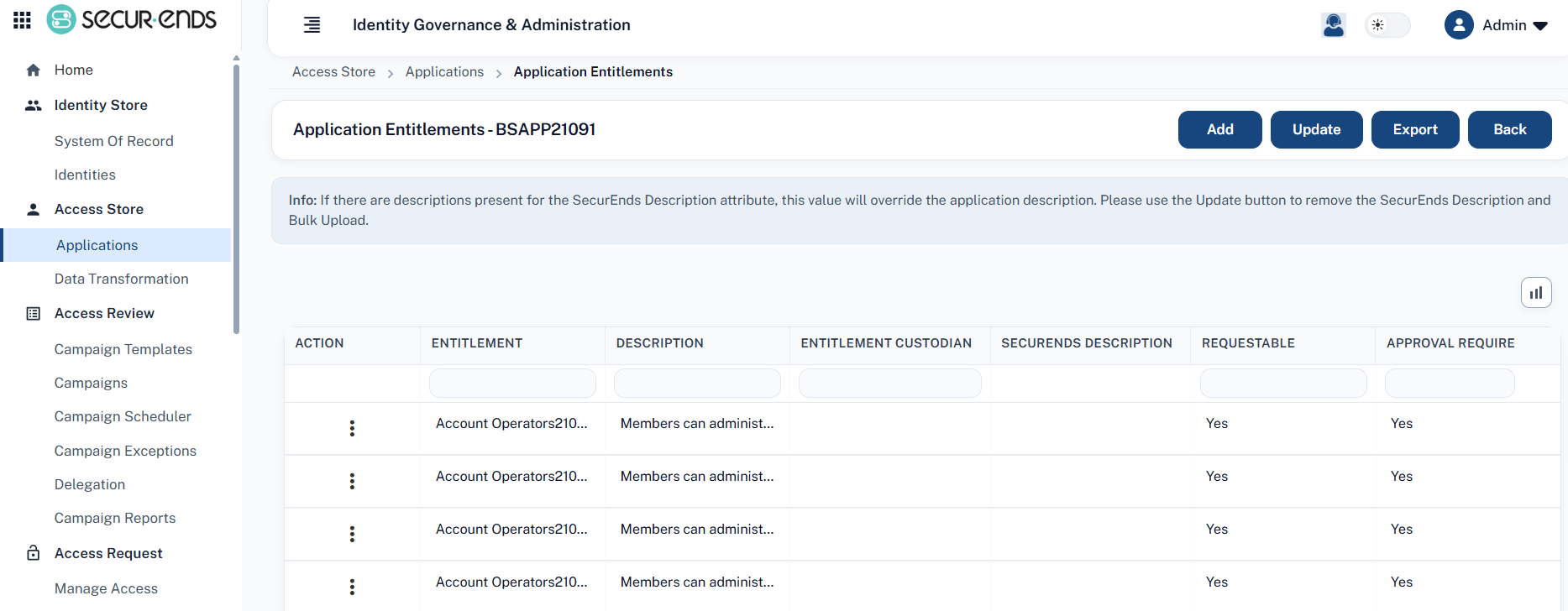 Application Entitlements / Add Entitlement Screen