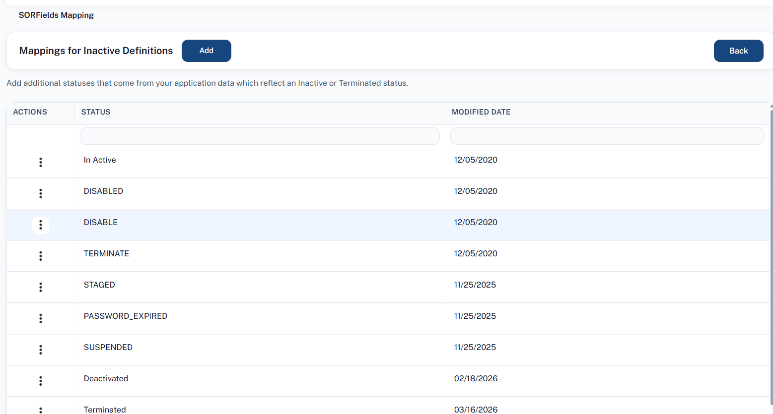 Mappings for Inactive Definitions Screen